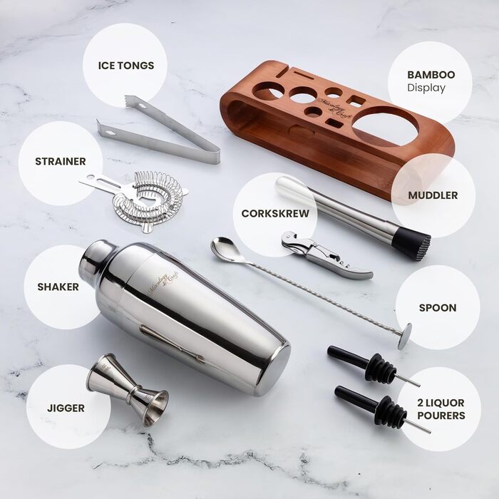 Набір для приготування коктейлів Mixology & Craft Cocktail Set (10 предметів) - Шейкер, аксесуари для бару в дерев'яному підставці з махогону, подарунковий набір, сріблястий, нержавіюча сталь, бамбук
