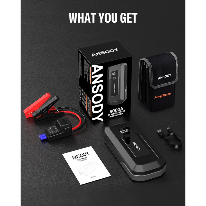 Powerbank для авто 12V Starthilfe 3000A: пусковий пристрій з LED, для бензину/дизеля (10/8L), сірий