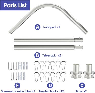 Регульована кутова штанга для душу L-Form, 68–96 см × 68–96 см, нержавіюча сталь, вологостійка та антикорозійна, з 12 кільцями та комплектом кріплень, срібна