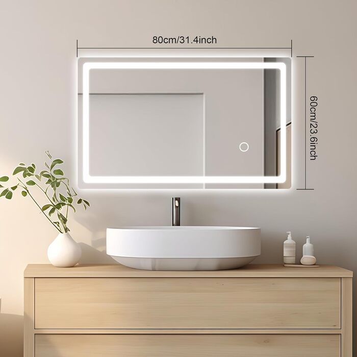 LED дзеркало для ванної кімнати 60x80 см з підсвічуванням та вимикачем, холодний білий світ, настінне дзеркало для ванни