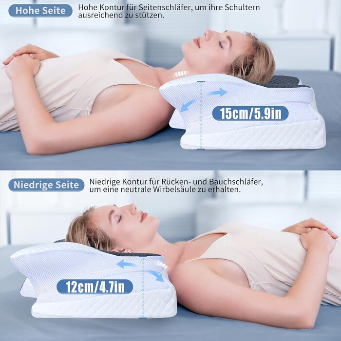 Подушка для шиї SAHEYER з Memory Foam, ортопедична, ергономічна, для сну на боці, 60x35.5x10/13 см (сіра)