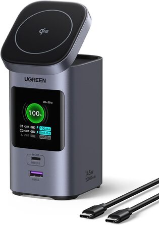 Power Bank UGREEN Nexode 20000mAh 145W з Qi2, 15W бездротовою зарядкою та TFT дисплеєм, сумісний з iPhone 16/15, MacBook