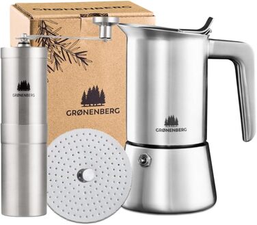 Espresso Maker | High-Quality Espresso Maker Suitable for Induction Made of High-Quality Stainless Steel | Moka Pot for Coffee Lovers (6 Cups + Coffee Grinder)