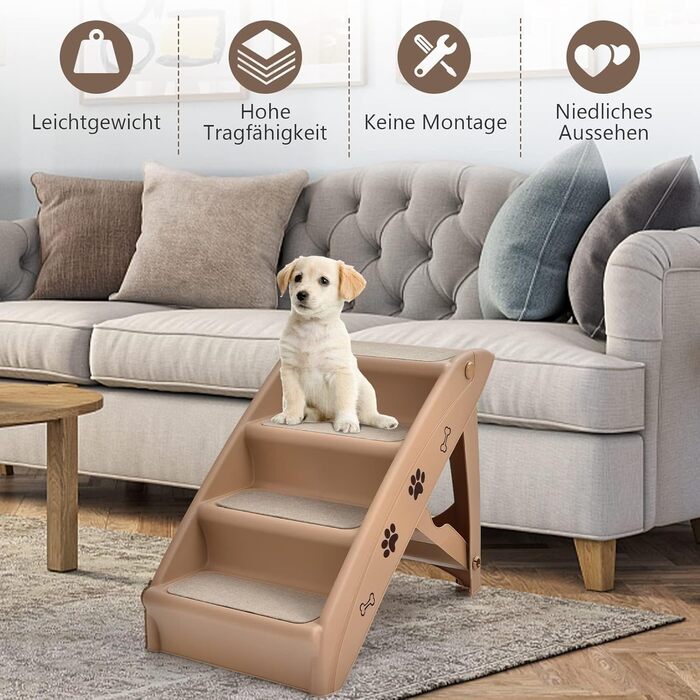 COSTWAY 4-Step Pet Staircase with Carpet, Dog Stairs Plastic Cat Stairs Folding, Portable Dog Ramp Pet Stairs for Dogs and Cats, Pet Ramp for Climbing and Scratching (Brown)