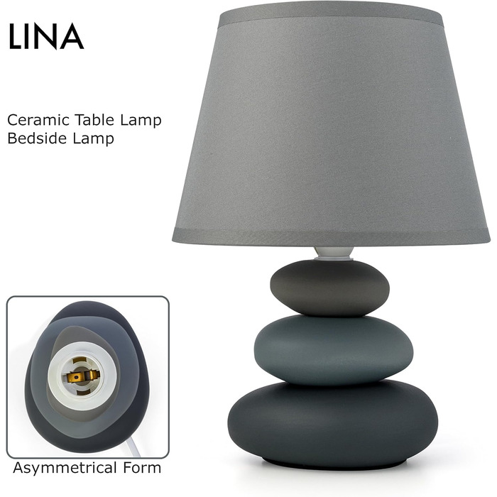 Нічна лампа 'Ліна' - керамічна настільна лампа з тканинним абажуром, сумісна з LED, E14, 230V (Сірий/Матовий)