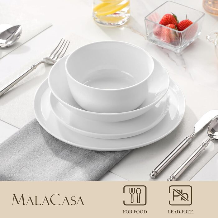 MALACASA Набір посуду Tafelservice 6 Personen, 18-Piece Porcelain Dinnerware Set White, Серія LEXI (білий, 48 предметів)