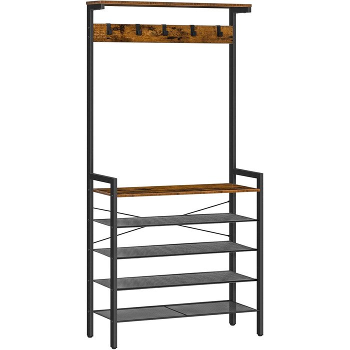 HOOBRO Coat Rack, 5-Tier Shoe Shelf, Wardrobe, Clothes Rack with 5 Removable Hooks, Top Shelf, Entryway, Living Room, Vintage Brown-Black EBF74MT01