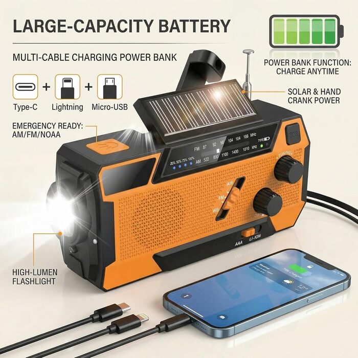 Радіо на батарейках/сонячній енергії з ручним генератором, Power Bank 2000mAh, AM/FM, SOS-сигнал, ліхтарик для кемпінгу та дому