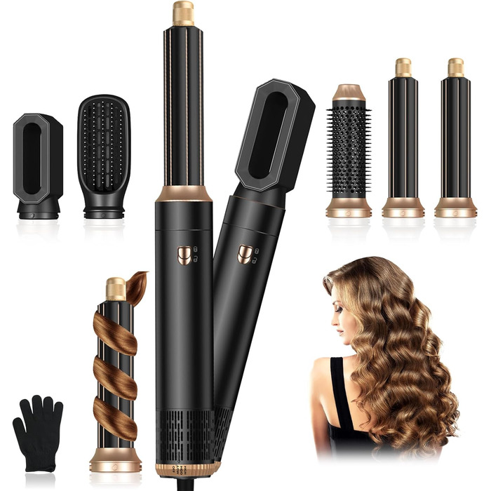 Набір для укладки Journeyside Airstyler: професійна щітка з гарячим повітрям 1000W, 5 насадок, автоматичний локонгібітор, випрямляч, для створення об'єму, локонів та випрямлення волосся, чорний