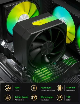 upHere Кулер для CPU з ARGB підсвічуванням, 4 теплові трубки, 120мм вентилятор, сумісний з AMD AM4 AM5/Intel 2011/2066, ПК кулер up1KC4