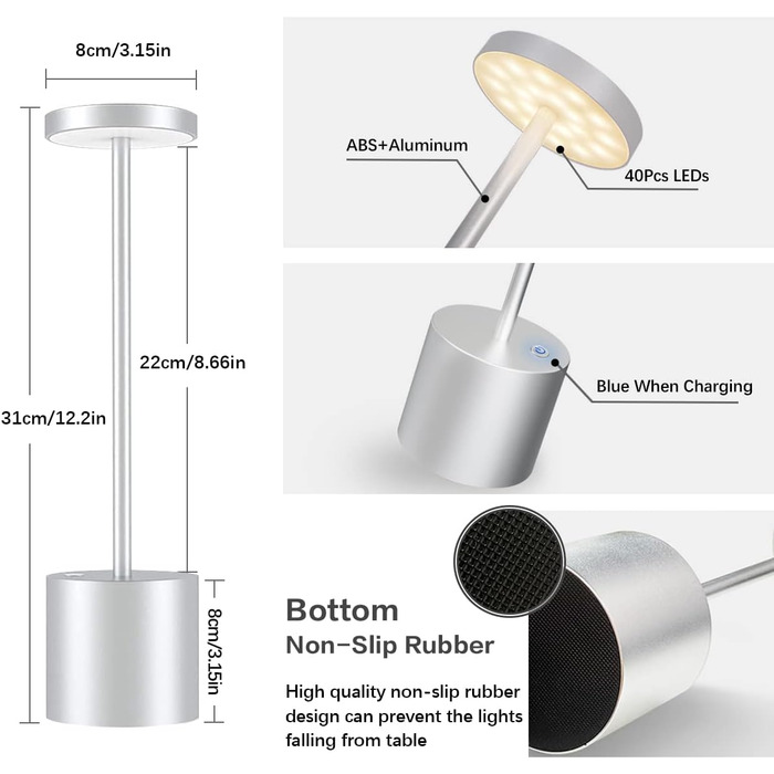 LED акумуляторна настільна лампа бездротова, 5000mAh, USB-зарядка, регулювання яскравості, 3 режими кольору, для дому та відпочинку на свіжому повітрі – срібна