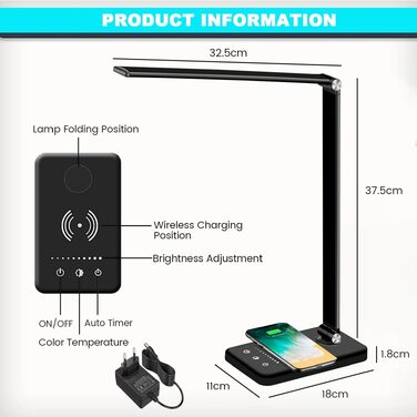 Настільна LED лампа BIENSER 20W з бездротовою зарядкою та USB-портом, 10 рівнів яскравості, 5 режимів світла, таймером та функцією пам'яті, чорна