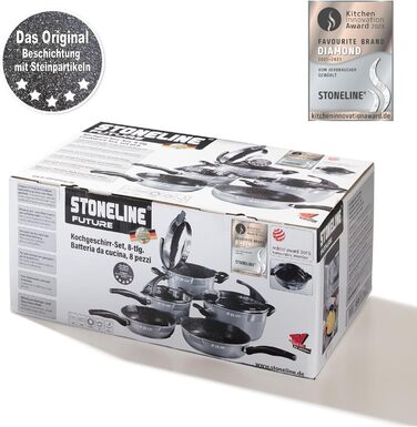 STONELINE Future Induction, 8-piece cookware set with sieve lids, cooking pot set coated with real stone particles, cast aluminum pots and pans suitable for all cooktops