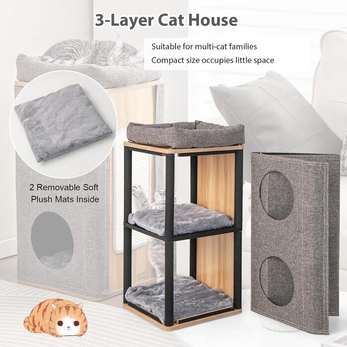Котячий будиночок SOARS з когтеточкою, 3 яруси, 2 будиночки та ліжко, когтеточний комплекс для котів