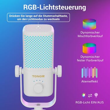 TONOR TCX3 Мікрофон для геймінгу з RGB підсвічуванням, конденсаторний, з регулюванням гучності та моніторингом, 30 годин роботи від акумулятора, сумісний з Xbox, Capture картами, для стрімінгу та подкастингу