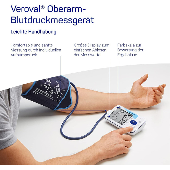 Тонометр Veroval на плече, м'яке вимірювання, клінічно перевірений, контроль положення манжети, виявляє порушення серцевого ритму, з програмним забезпеченням