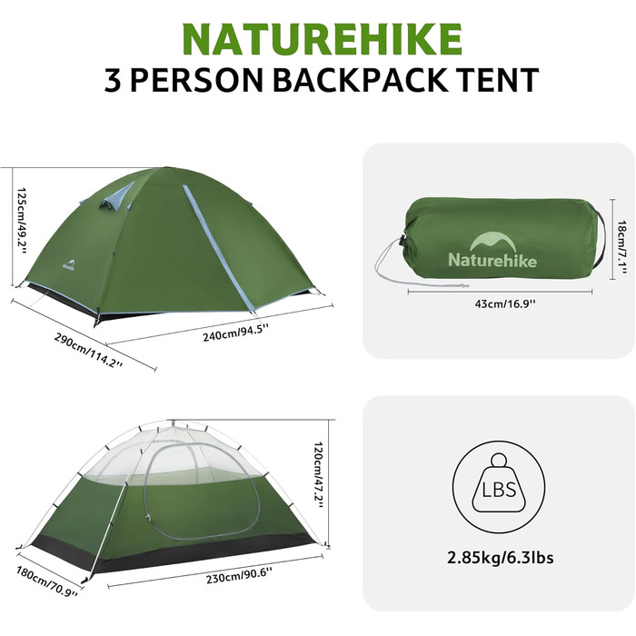 Намет Naturehike Bleik Ultralight 2-3 особи, водонепроникний (3000мм), для кемпінгу, туризму та трекінгу (240x290x125см, Зелений)