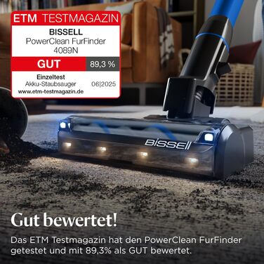 Бездротовий пилосос Bissell PowerClean FurGuard з акумулятором, 280W, самоочисна щітка, світло FurFinder, HEPA-фільтр, акумулятор 2500 mAh, час роботи 50 хв, щітка FurGuard 4091N для видалення шерсті тварин