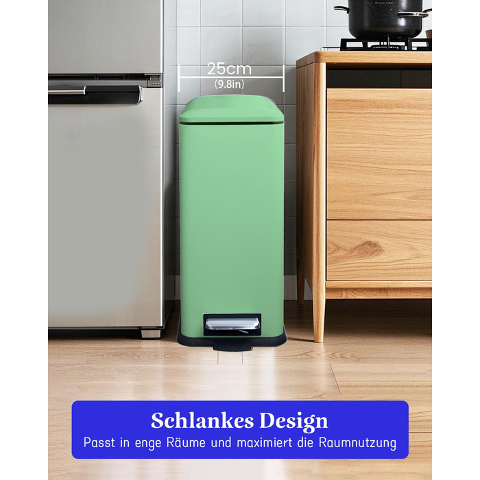 Відро для сміття кухонне 30л, нержавіюча сталь, з кришкою, внутрішній відерцем, прямокутне, зелене