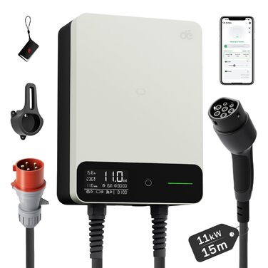 Wallbox 11 кВт з Wi-Fi та кабелем Type 2 7,5м, 3-фазне зарядне для електромобілів (BEV/PHEV), 6-16A, 400V, RCD Type A 30mA/DC 6mA, IP54, чорний. Зарядна станція для дому.