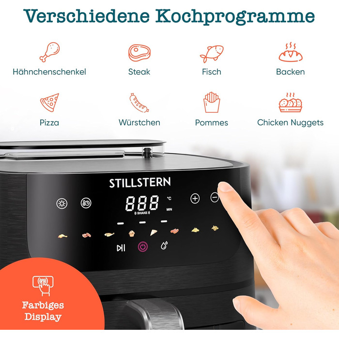 Stillstern Airfryer з оглядовим вікном, 8л, з парою та функцією Shake, 80-200°C, 1800W, таймер 120хв, 100 рецептів, чорний