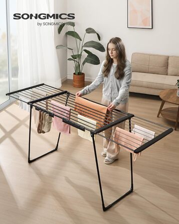 SONGMICS Сушарка для білизни, металева, 52.5 x 173 x 96.5 см, з крилами, для одягу, рушників, шкарпеток, чорна (LLR518G01)
