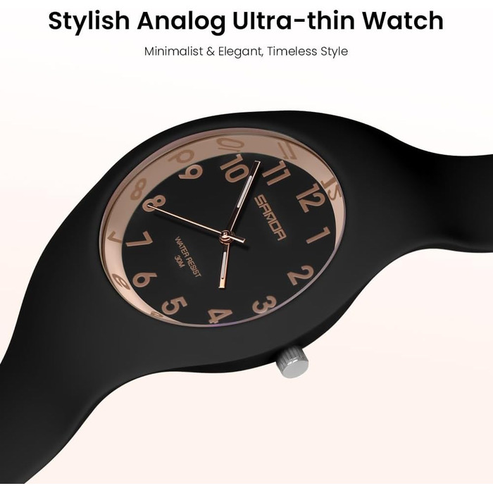 Жіночий годинник: аналоговий кварцовий годинник на силіконовому ремінці. Спортивний годинник для студентів та дорослих, чорного кольору.