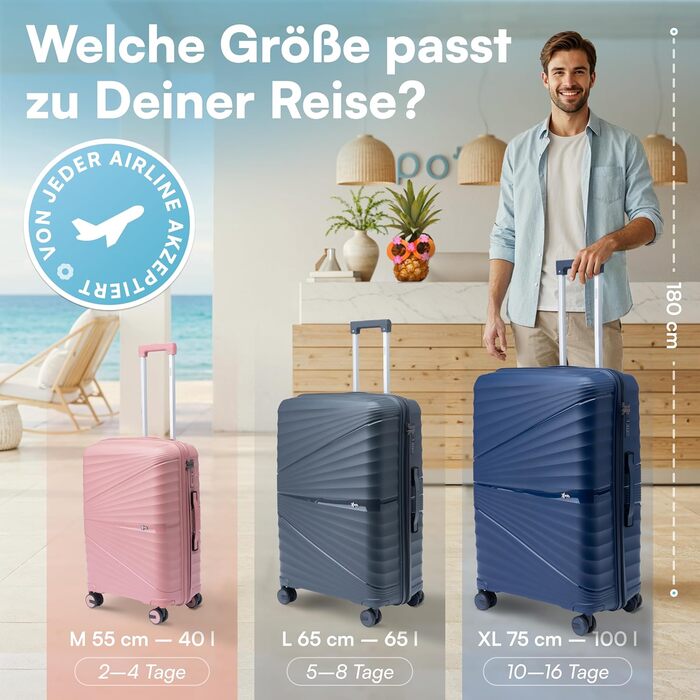 Xonic® Валіза з жорстким корпусом M, 40L - Ударостійка валіза з поліпропілену з подвійними колесами на 360° та TSA-замком - Валіза для подорожей, м'ятно-зелений колір (Сет XL-L-M)