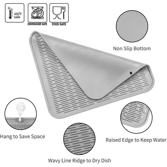 Силиконова килимок для сушіння посуду - килимок для посуду, BPA-free, стійкий до високих температур, антиковзний, сірий, 60 x 40 см