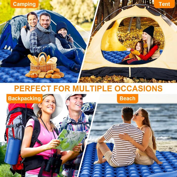 Двоспальний килимок для кемпінгу, самонадувний, 10.2 см, з подушкою, інтегрована фумпочка, для 2 осіб, блакитний