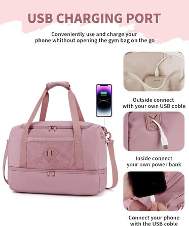 Спортивна сумка WANDF для ручної поклажі в літак (45x36x20 см) з відділенням для взуття та мокрих речей, рожева