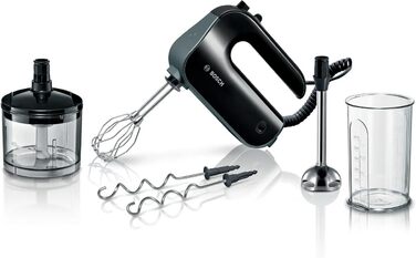Bosch Hand Mixer Home Professional Styline MFQ4980B, 5 speeds, 2 stainless steel beaters and dough hooks, stainless steel mixing rod, universal chopper, 850 W, black/dark silver Single