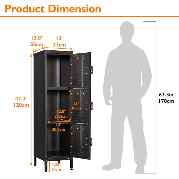 Metal locker with lockable doors, industrial steel cabinet for school, home, office, garage, H140*W38*D46 cm (3 doors)