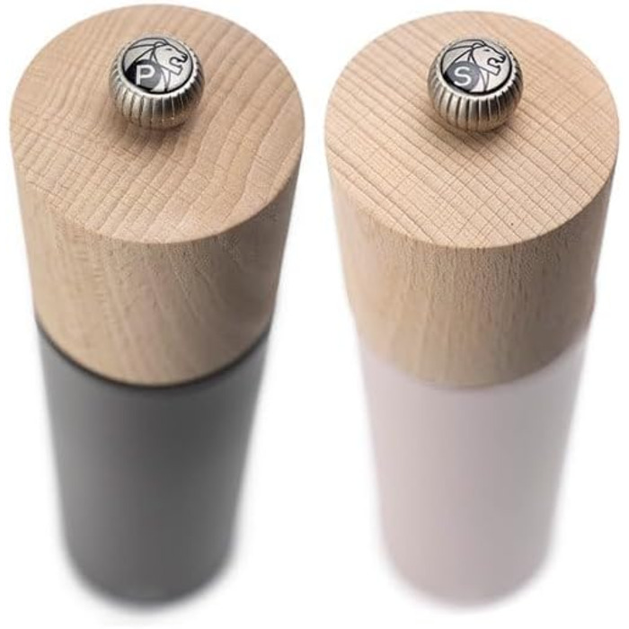 PEUGEOT - Duo Boreal 21 cm Pepper Grinder + Salt Grinder - Stainless Steel Funnel - Classic Setting - PEFC Certified Beechwood - French Know-How - Grey Rock & Pale Pink