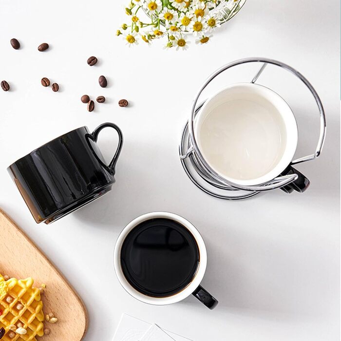 Набір чашок для еспресо Caossuixn 4 шт (100 мл) з підставками та підставкою, керамічні чашки для кави, еспресо, американо, капучино, чаю та лате - безпечні для мийки посуду