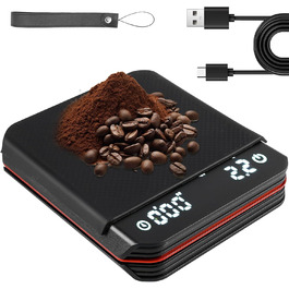 Еспресо вага з таймером, 3 режими, USB, цифрова міні вага для кави з LED-дисплеєм, таймер, 0.1г, висока точність, для фільтр-кави, приготування їжі, випічки, точна вага (чорний)