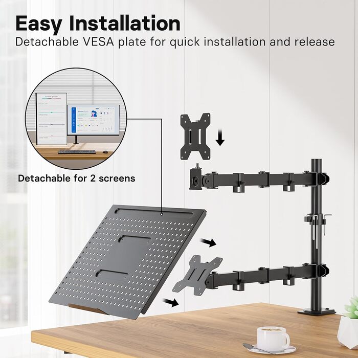 Кріплення для монітора Redbat з відділенням для ноутбука, Dual Screens, повністю регульоване для LCD LED екранів 13-32 дюймів до 8 кг та ноутбуків до 16 дюймів, нахил, поворот та обертання, 2 способи кріплення