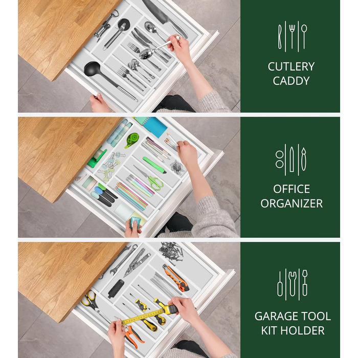 Органайзер для столових приладів ROYAL CRAFT WOOD з бамбука, 9 відділень (20x17.5 см), білий - тримач для ложок, виделок, ножів та кухонного приладдя