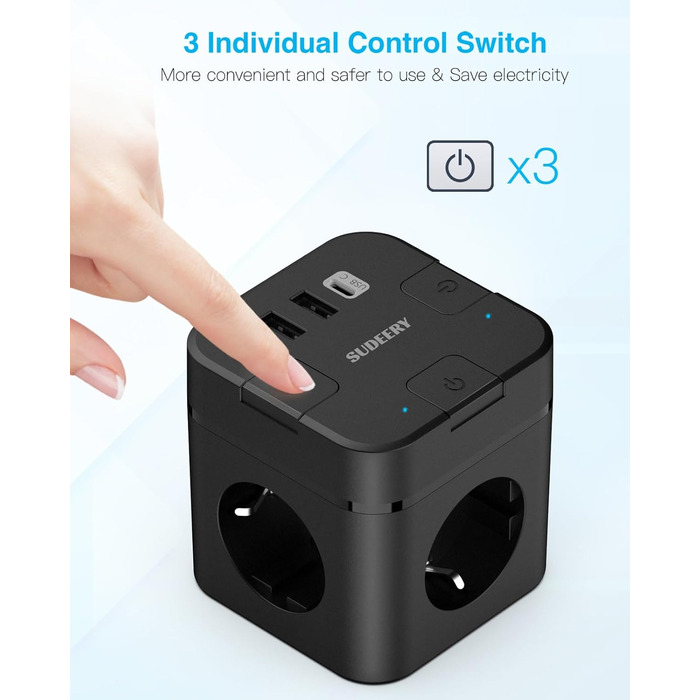 Багатофункціональний USB-розподільник 6 в 1 з USB-C, 3 розетки, індивідуальне вмикання, куб, кабель, для офісу, дому, подорожей (4M, чорний)