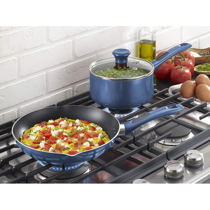 Набір посуду Tefal Excite ProGlide 14 предметів, синій: алюмінієвий, з антипригарним покриттям, індикатор нагріву, для плити та духовки