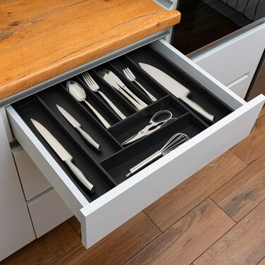 Relaxdays Cutlery Box Extendable, Bamboo, HBT: 5 x 33.5-49.5 x 44.5 cm, 7-9 Compartments, Cutlery Insert Drawer, Black