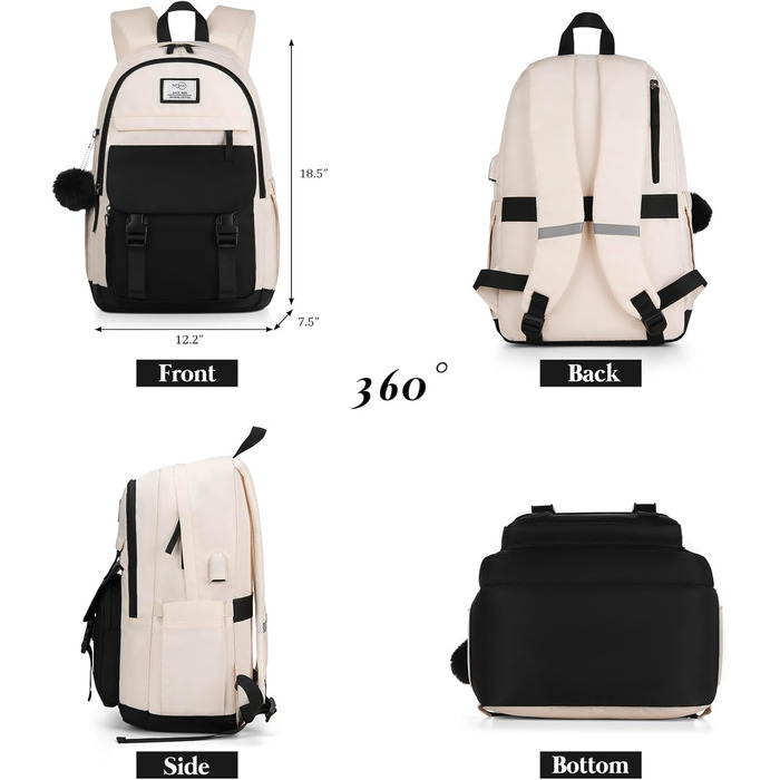 Стильний рюкзак MOMUVO для підлітків та жінок, для ноутбука | Коледжний рюкзак для школярок та студенток 15.6' (17.3 дюйми, Чорний / Бежевий)