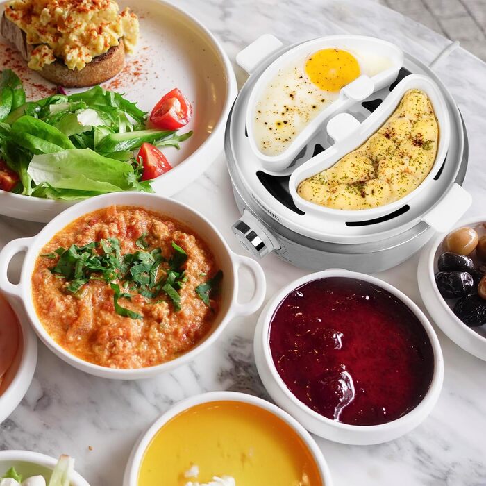 Електричний яйцеварка Duronic EB27 WE: для 1-7 яєць, регулювання ступеня готовності, таймер, захист від перегріву, мірна склянка та знімач яєць