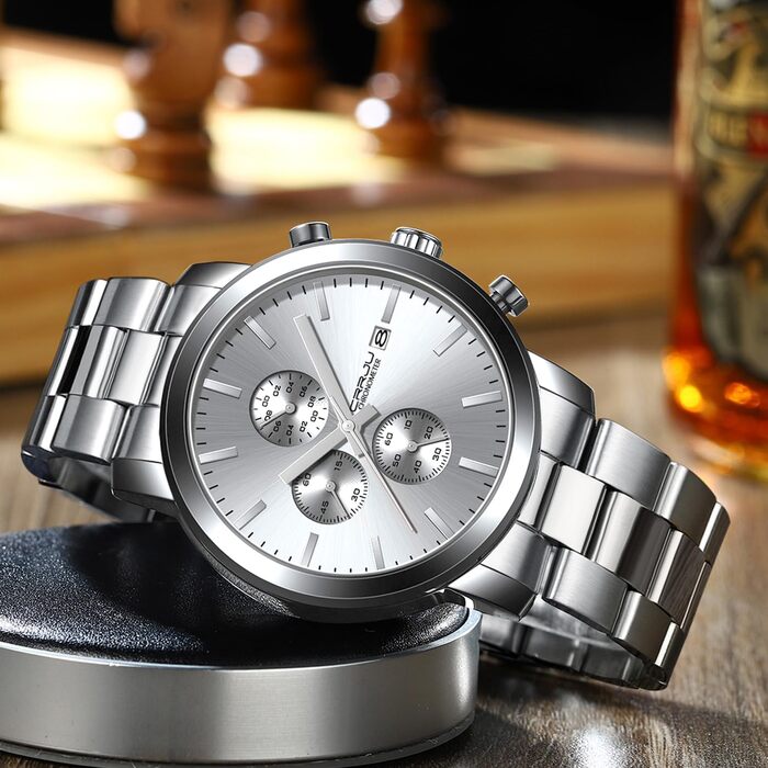 Чоловічий годинник CRRJU з хронографом, сталевий браслет, водостійкий, чорний, з датою, аналоговий кварцовий годинник для бізнесу (срібно-білий)