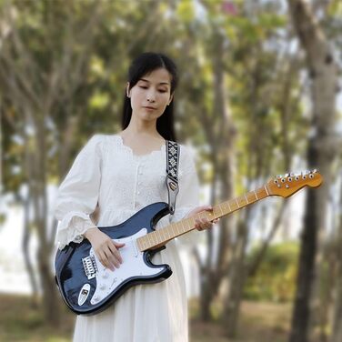 Гітарний ремінь Rayzm з візерунком жакарду, бавовняний, для акустичної та електрогітари, басу, з тримачем для медіатора, металевий бугель 5 см, регульована довжина