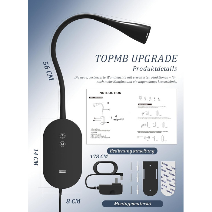 Нічна LED лампа для читання Wandleuchte з USB, 5 рівнів яскравості, сенсорне управління, гнучкий кронштейн, автовимкнення (Чорна)
