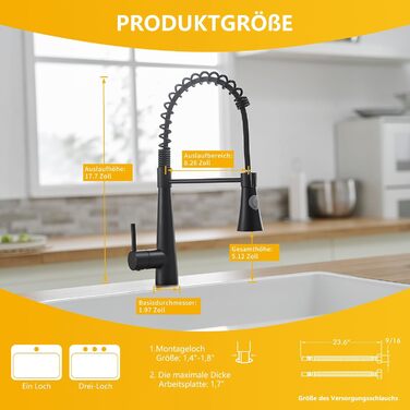 Кухонний змішувач TIMACO з поворотним гусаком 360° та висувною лійкою, чорний, з щіткою з нікелю