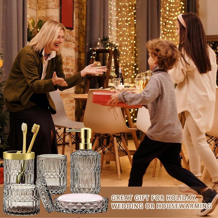 Набір аксесуарів для ванної кімнати зі скла, 5 шт. (мильниця, дозатор мила, тримач для зубних щіток, контейнер для ватних паличок, стакан) чорний