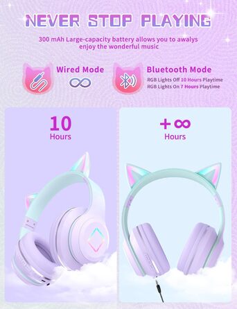 Бездротові навушники Bluetooth для дітей з LED-підсвіткою, котячими вушками та мікрофоном, HD Stereo, складна конструкція, регульоване наголов'я, для дівчаток, фіолетовий колір