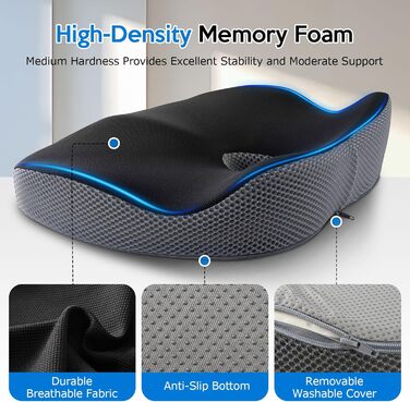 Подушка для офісного крісла з Memory Foam: ортопедична підтримка куприка, зменшення тиску, широка подушка для офісу, авто, інвалідного візка - чорний/сірий